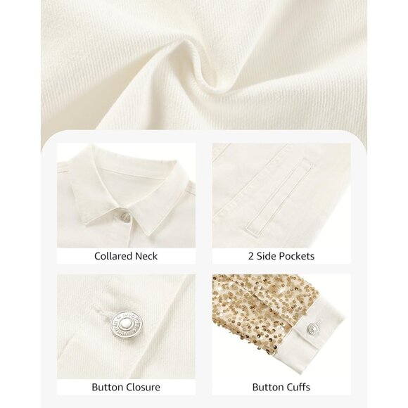 Cream White & Gold Sequin Jean Jacket for Women Long Sleeve Sparkly Denim Coat - Picture 6 of 7